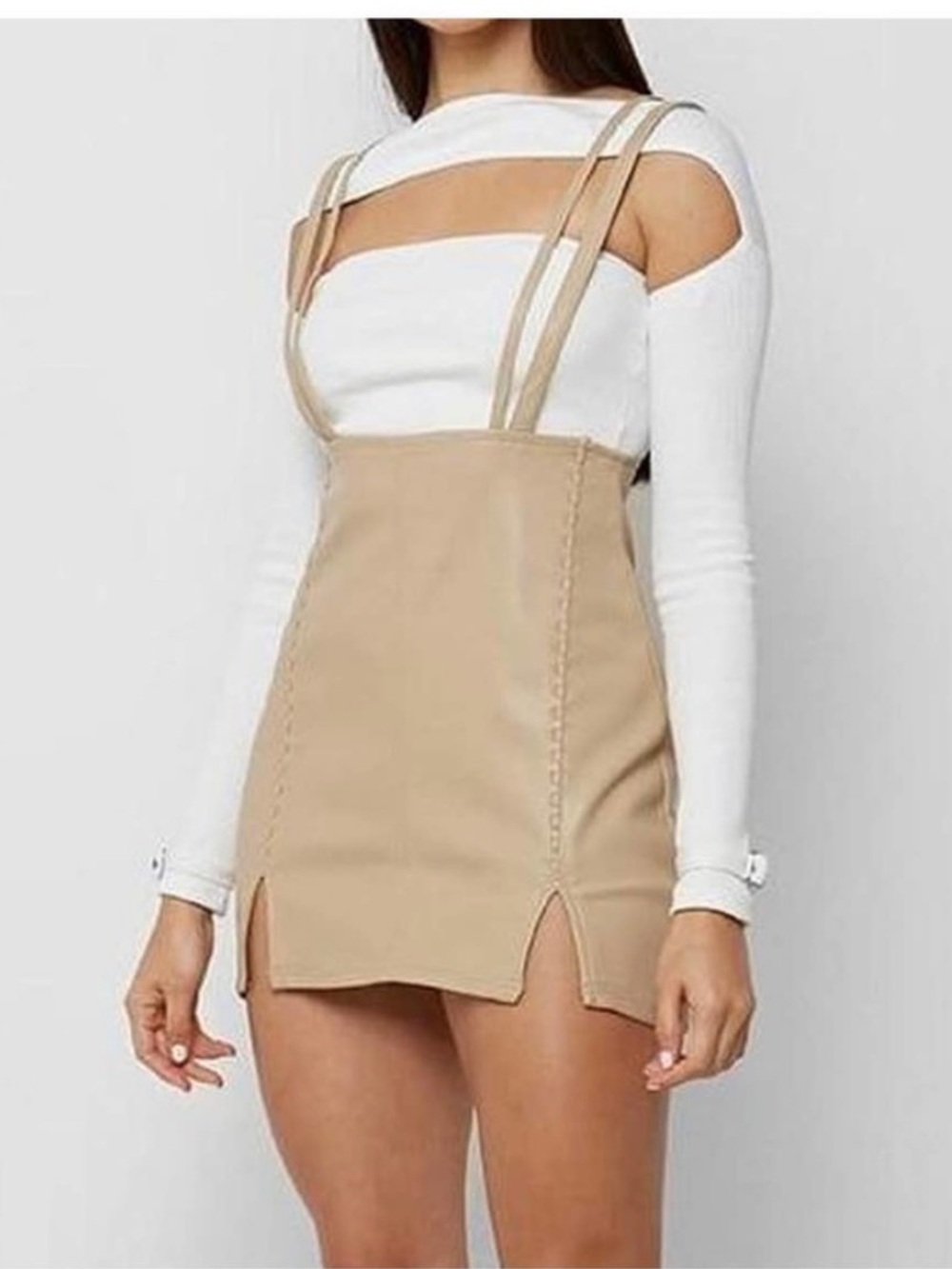 ❤️… NWT Maniere De Voir Tan Faux Leather Suspender Strappy Skirt Dress size 12